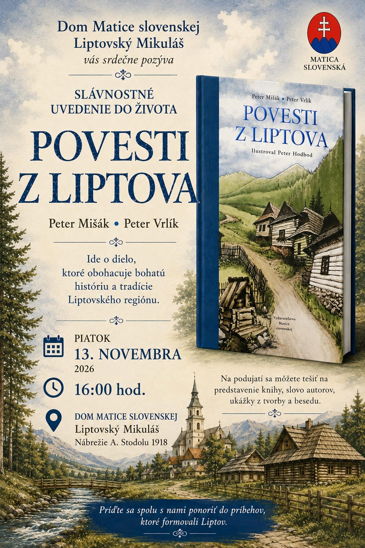 pozvánka s knihou Povesti z Liptova a kreslený obrázok prírody s domami a kostolom
